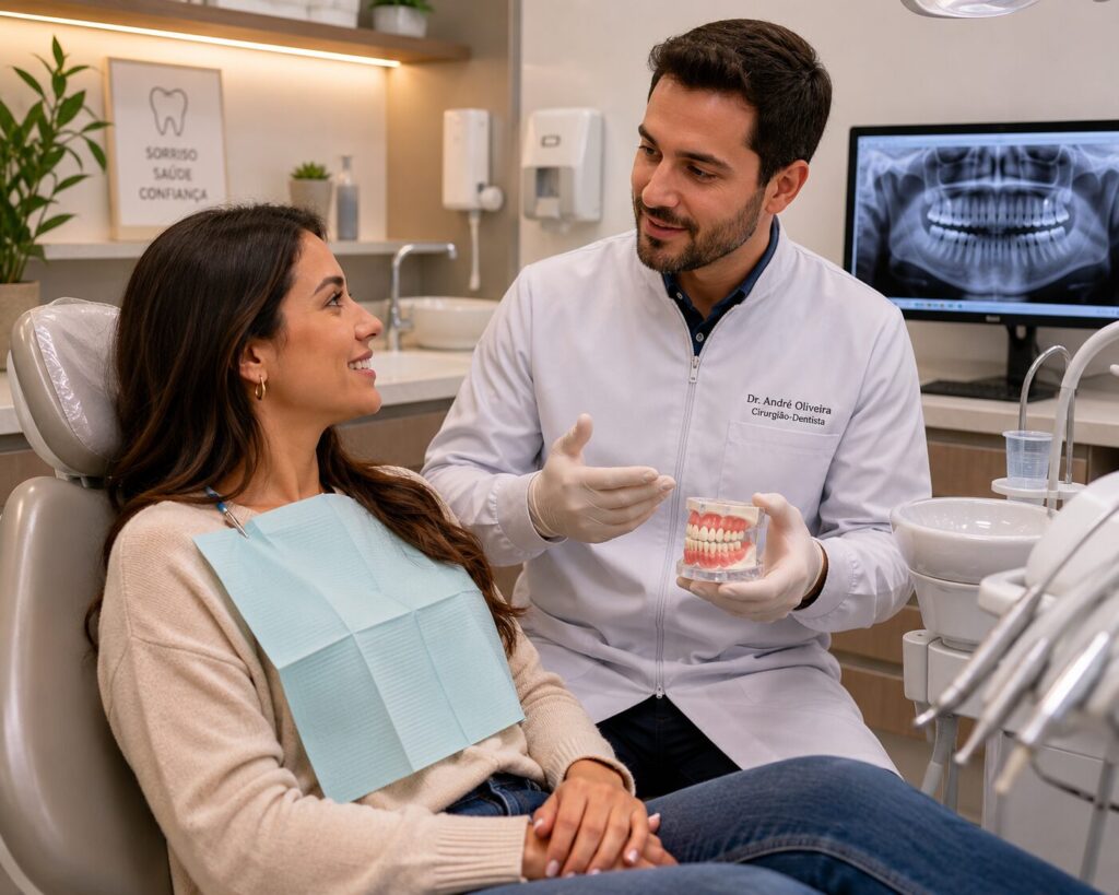 Dentista explicando como funciona o implante sem parafuso