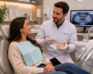 Dentista explicando como funciona o implante sem parafuso