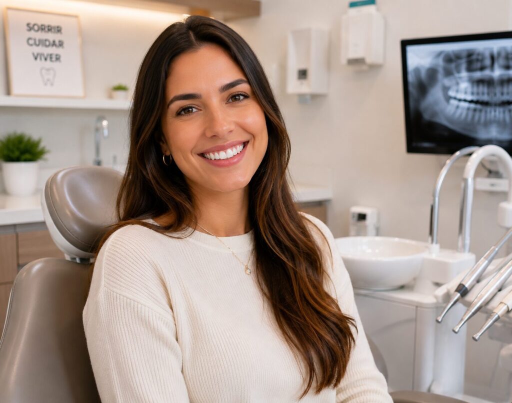 Mulher com sorrisso depois da restauração dos dentes.