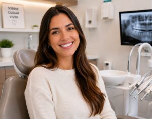 Mulher com sorrisso depois da restauração dos dentes.